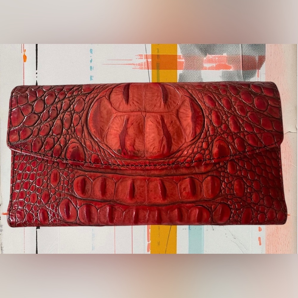 Brahmin “Vintage Red” Melbourne Croc Leather Wallet & Check Case - RARE